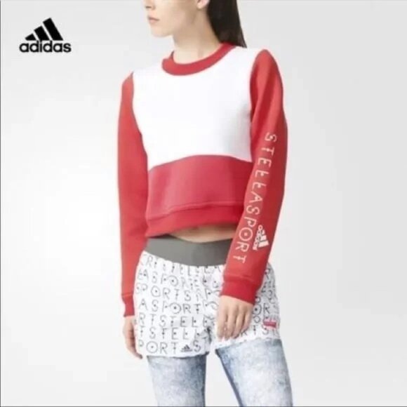 Adidas Stellasport Spacer Red Color Block Cropped Crewneck Sweatshirt - Picture 1 of 9